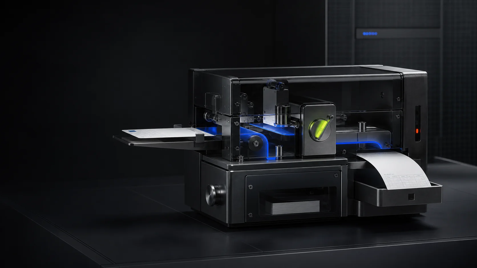 Cinematic concept of a workflow machine receiving a work card, routing it through blue and lime controls and producing a written record.